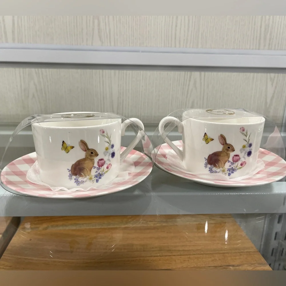 Gracie Teaware Easter Bunny Pink Gingham Porcelain Tea & Saucer Set of 2 NWT